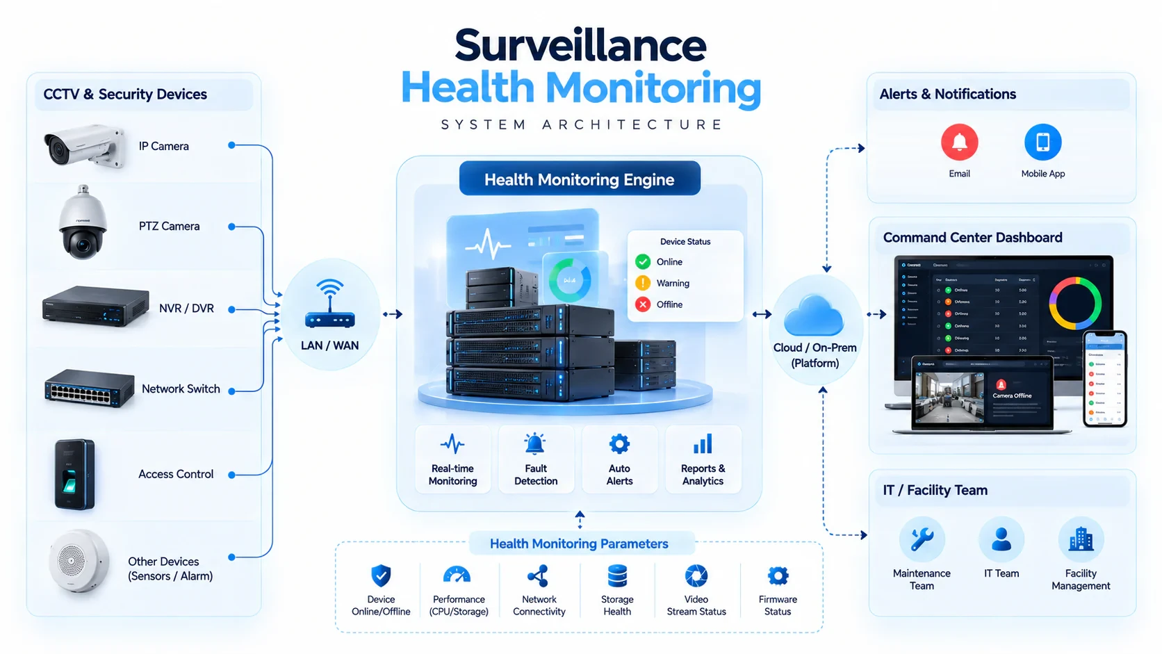 CCTV health monitoring architecture: cameras, NVRs, switches and other devices report to the health monitoring engine, which checks online status, performance, connectivity, storage and video streams, sends alerts by email and mobile app and feeds a command-center dashboard