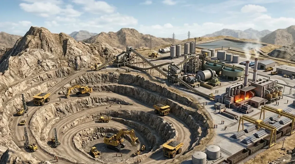 Open-pit mine with haul trucks and excavators beside a mineral-processing plant