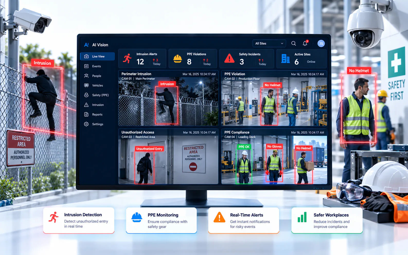 AI Vision dashboard flagging a missing helmet and missing gloves on factory workers, next to perimeter intrusion and unauthorized access alerts
